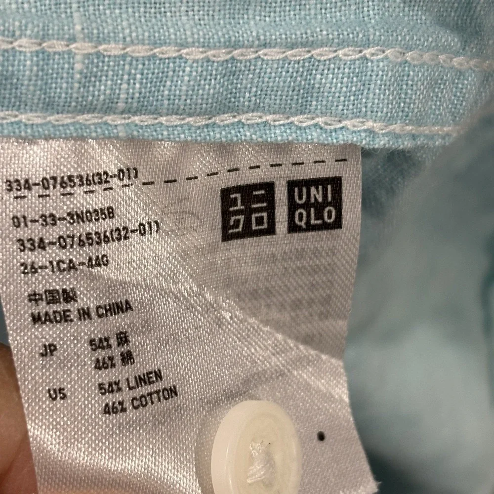 Uniqlo Linen Button Shirt Men's S Short Sleeve Light Blue Beach Coastal Boho
